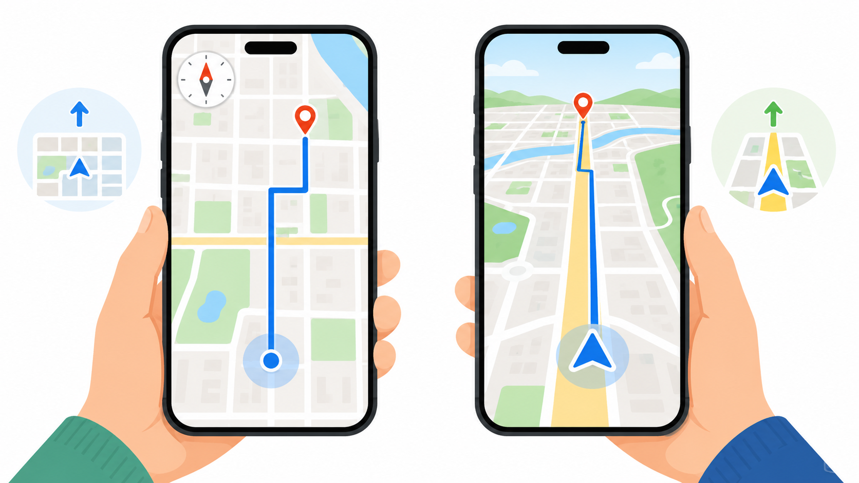スマホ地図アプリで北が上の表示と進行方向が上の表示を比較したイメージ