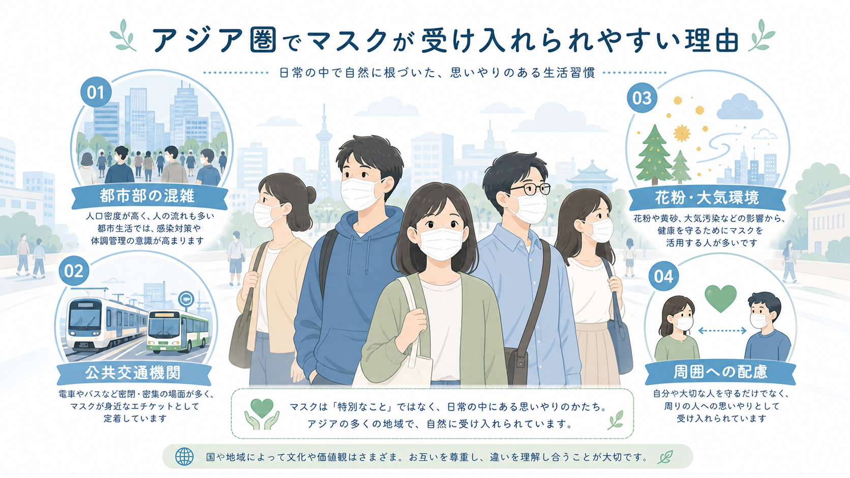 アジア圏でマスクが受け入れられやすい理由を示す図解