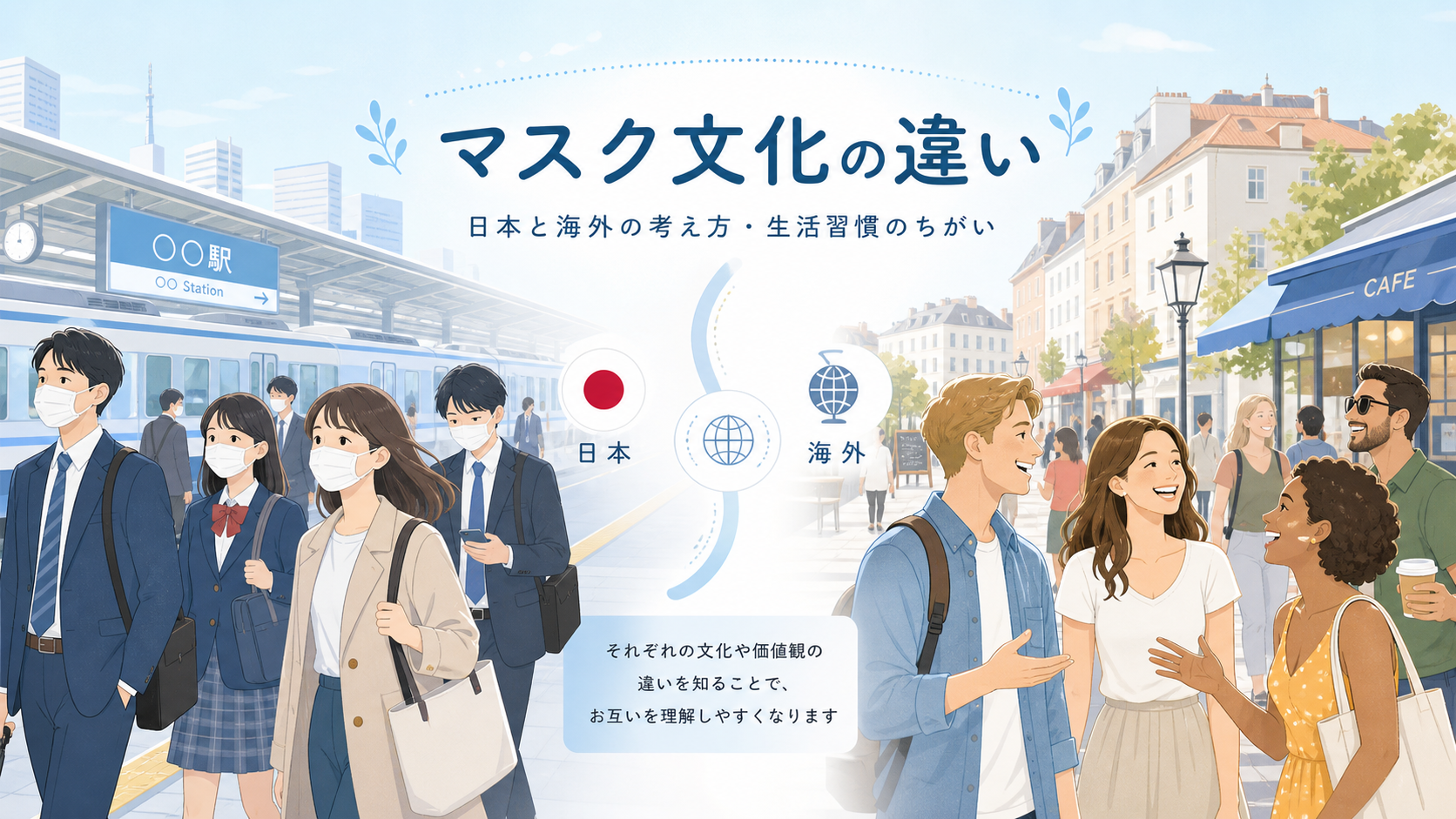 日本と海外のマスク文化の違いを表すイラスト