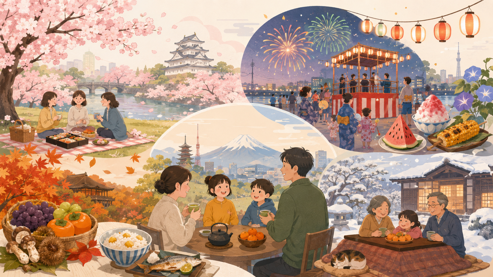 日本の四季が文化、食、行事、暮らしに結びついていることを表す温かいイラスト