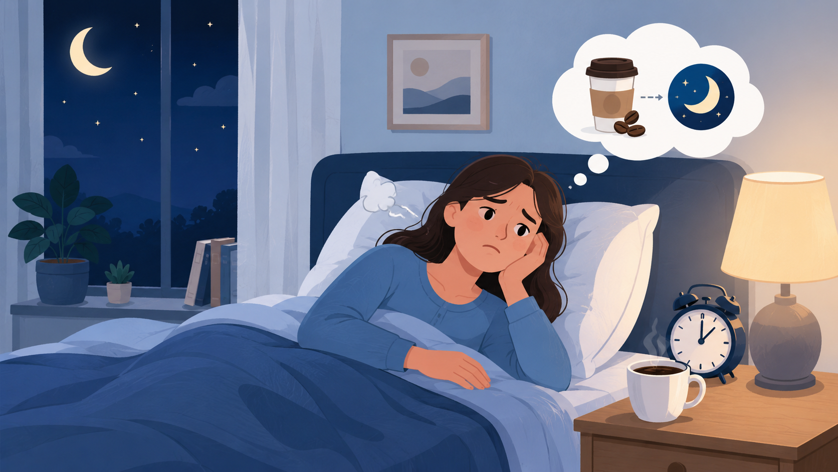 夜に眠れない人とカフェインの影響を表す画像