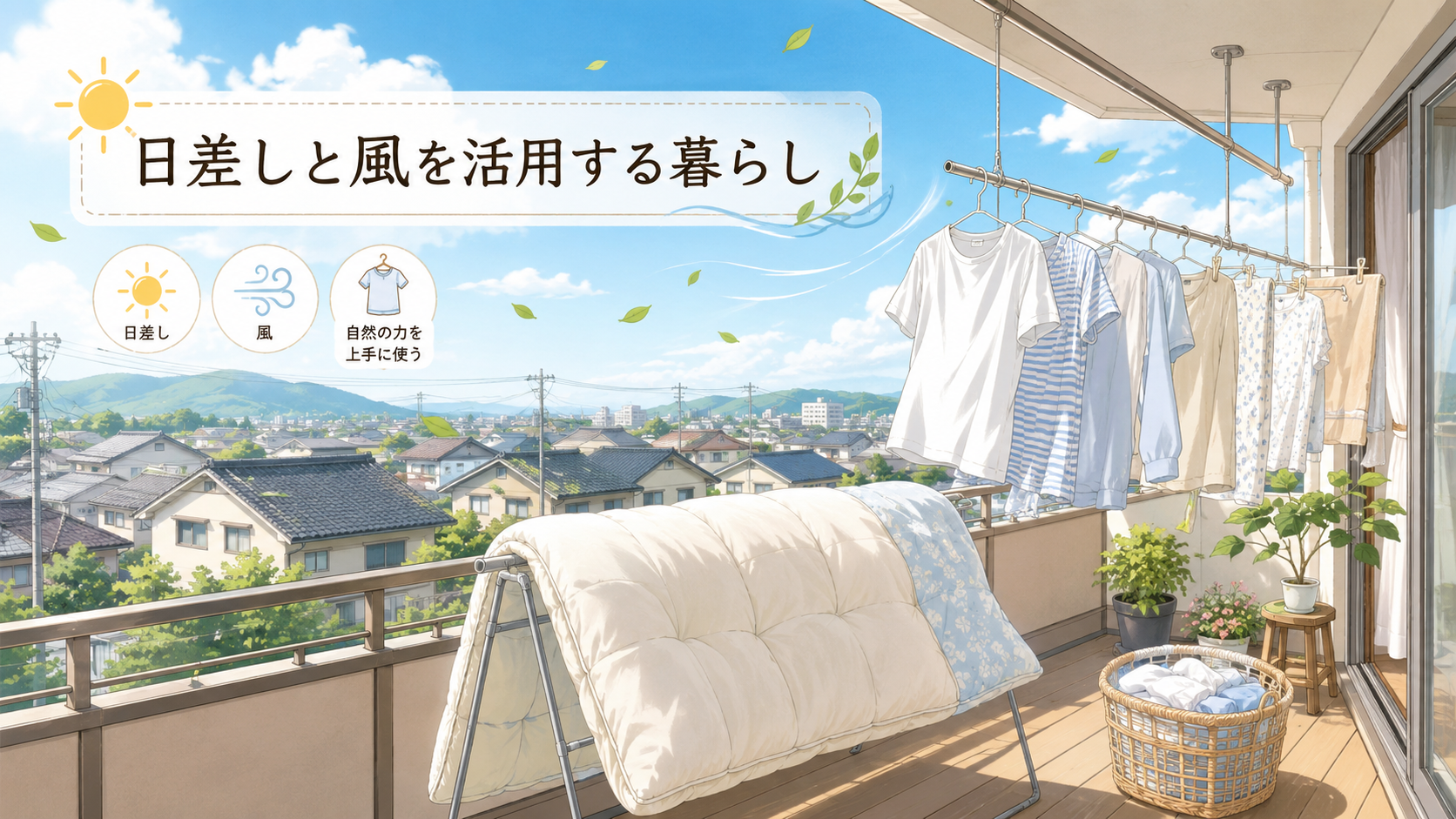 日本のベランダで洗濯物や布団を外干しする暮らしのイラスト