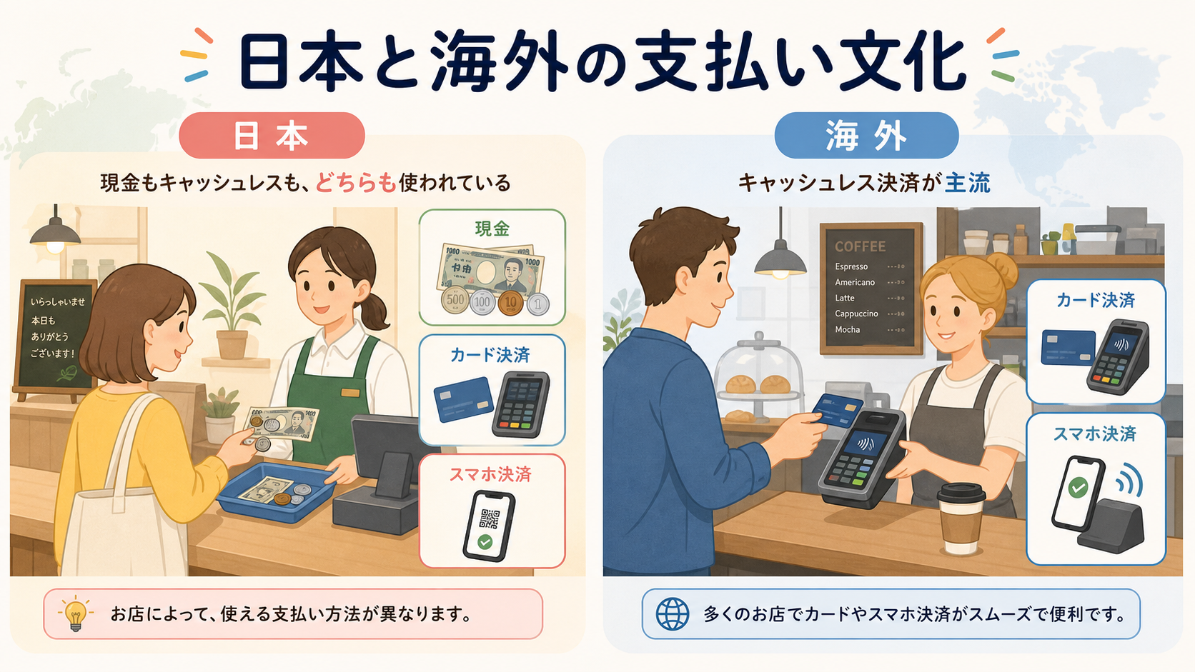 海外と日本の支払い文化の違いを表すイラスト