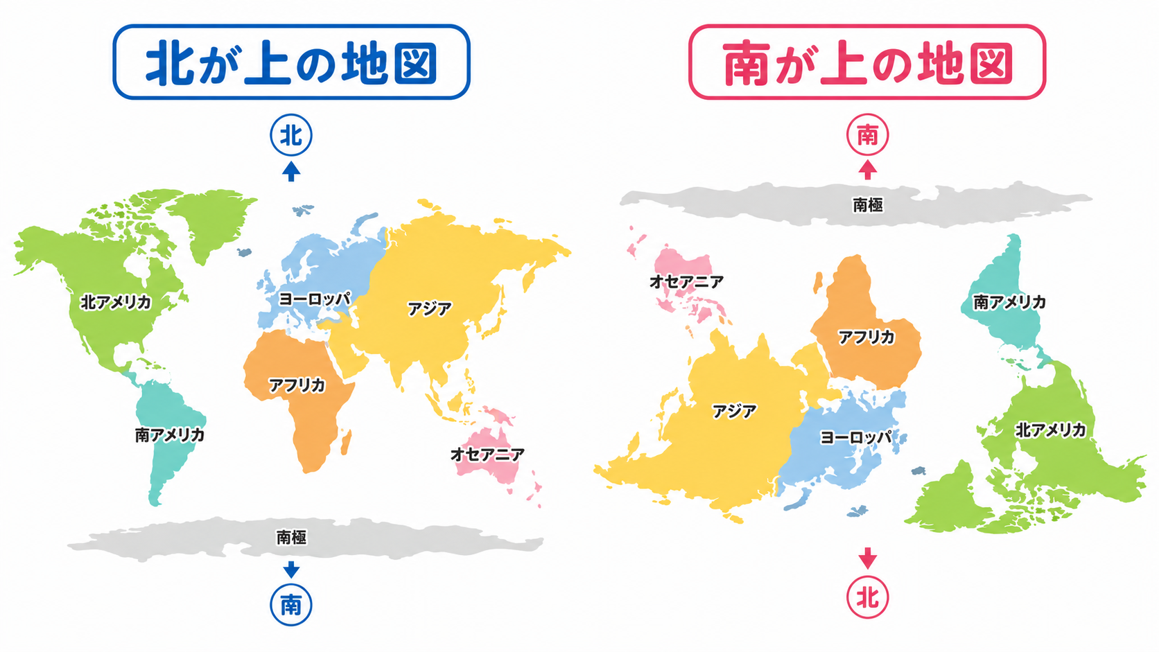 北が上の地図と南が上の地図を比較したイメージ