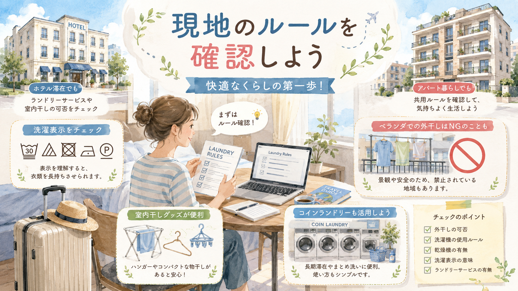 海外旅行や海外生活で洗濯ルールを確認するイラスト