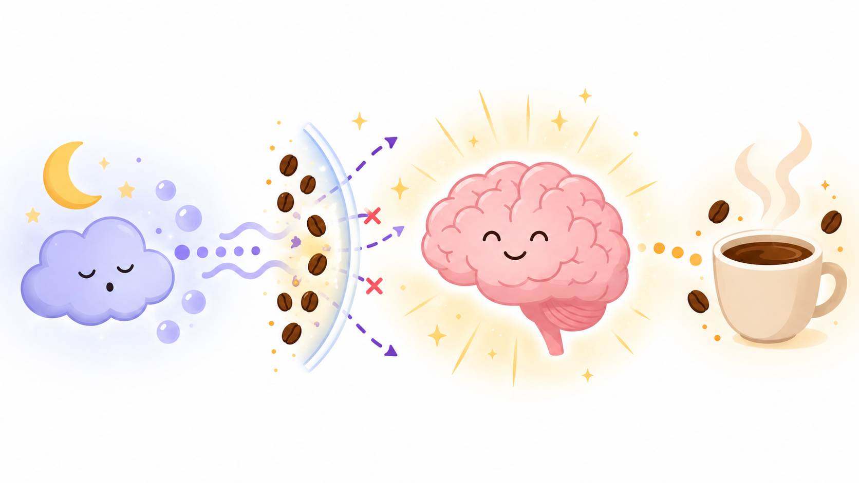 カフェインが眠気を感じにくくする仕組みのイメージ図