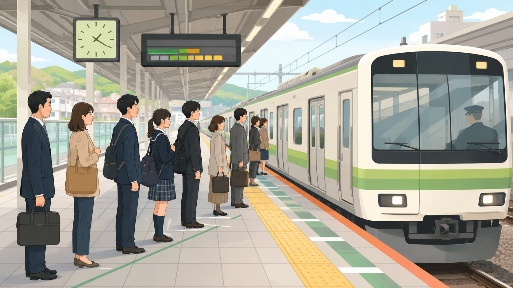 日本の駅で時間通りに到着する電車のイメージ