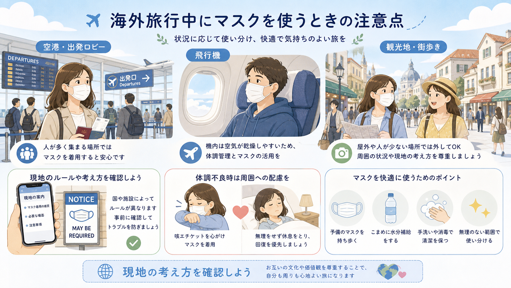 海外旅行中にマスクを使うときの注意点を示すイラスト