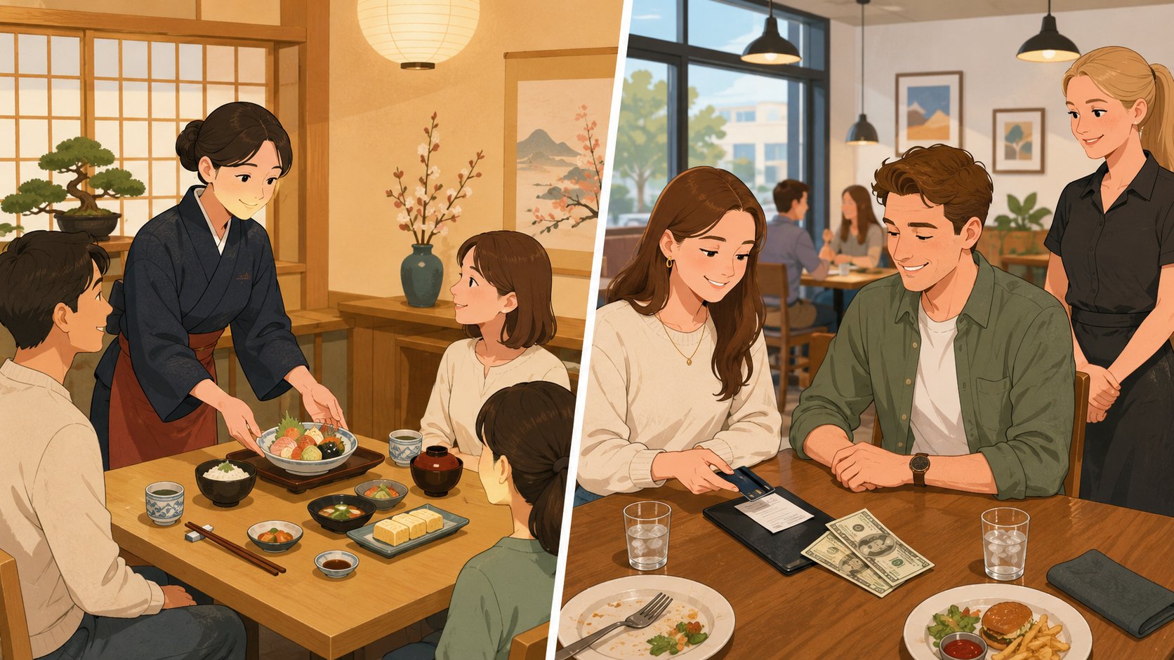 日本とアメリカのサービス文化の違いを表すイラスト