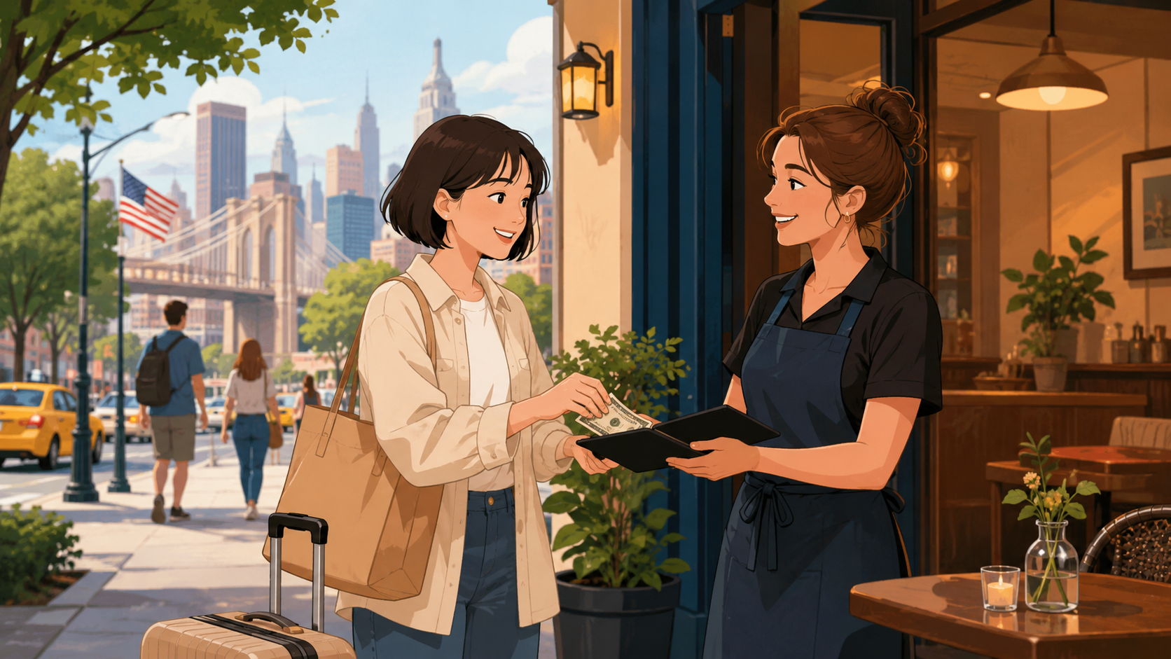 アメリカと日本の文化の違いを尊重する旅行者のイラスト
