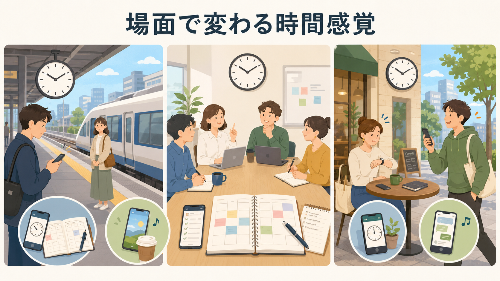 駅のホーム、会議室、待ち合わせ場所における時間感覚の違いを表したイラスト