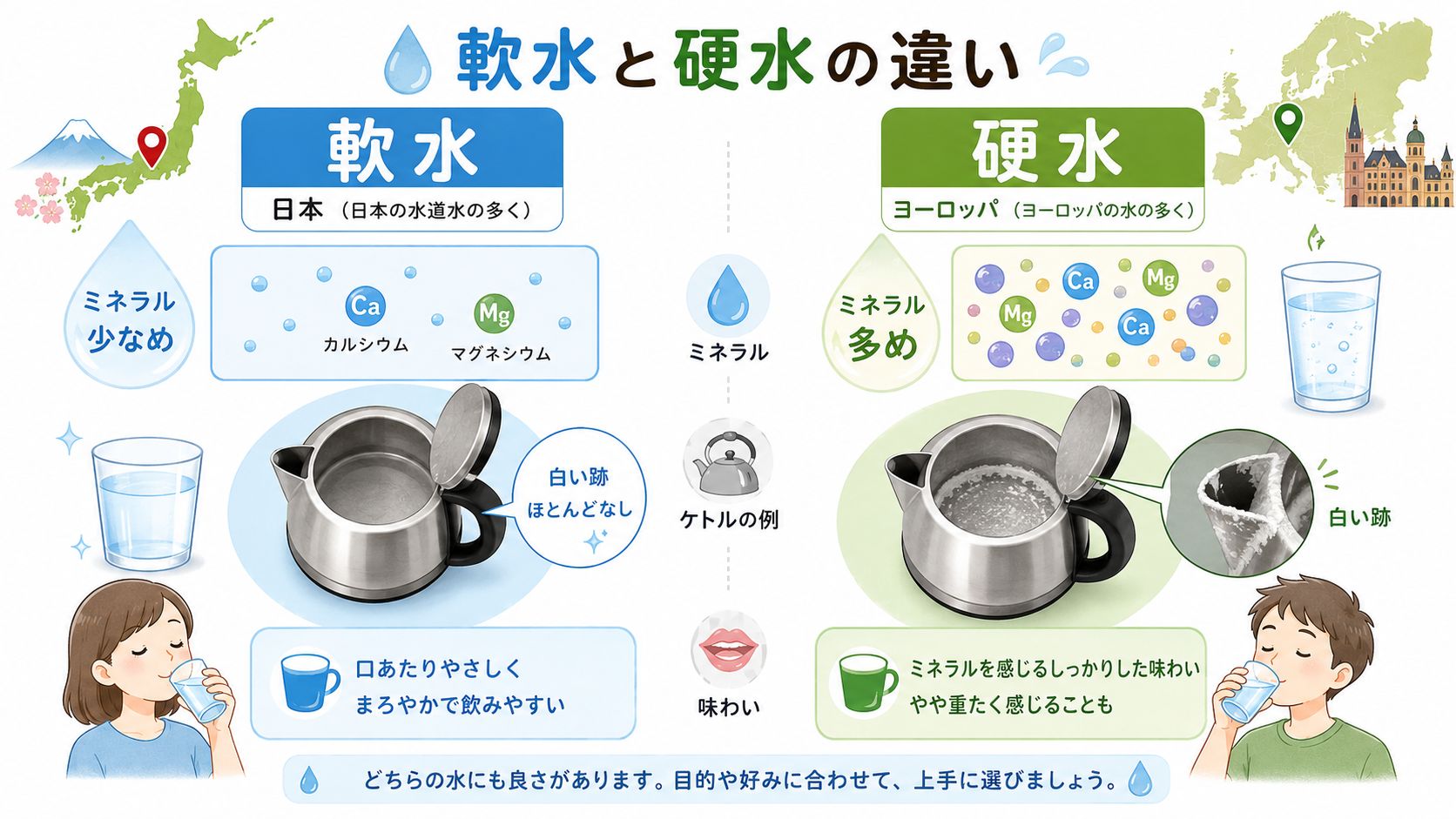 硬水と軟水の違いをカルシウムやマグネシウムで説明する図解イメージ