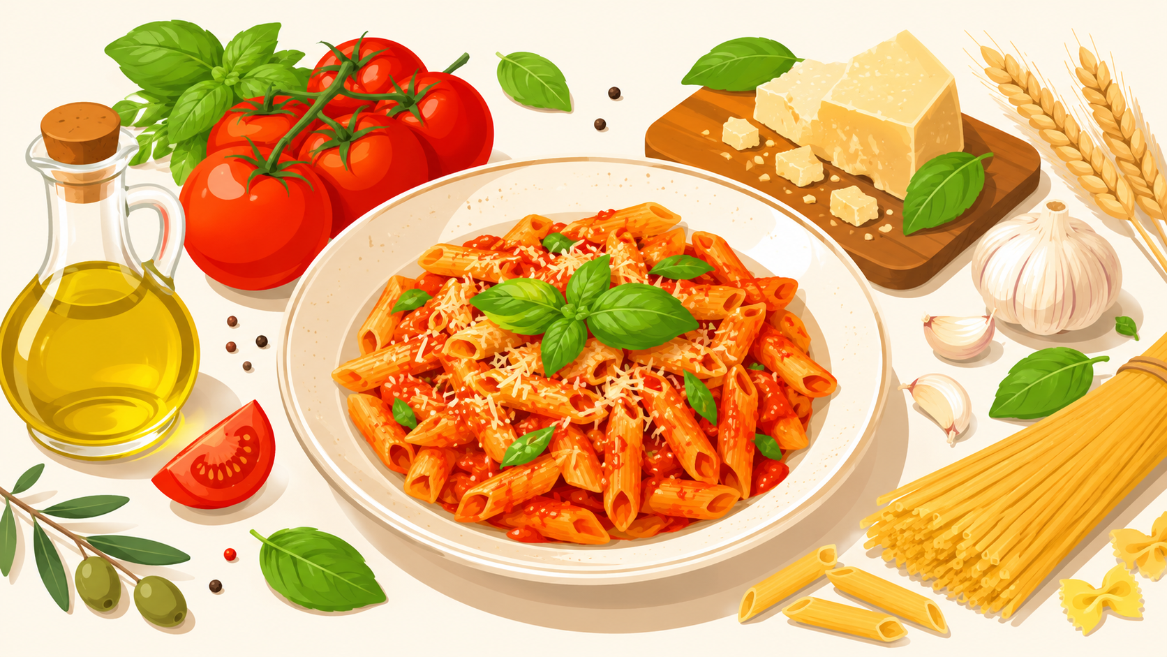 トマトとオリーブオイルとチーズを使ったイタリア料理の食材