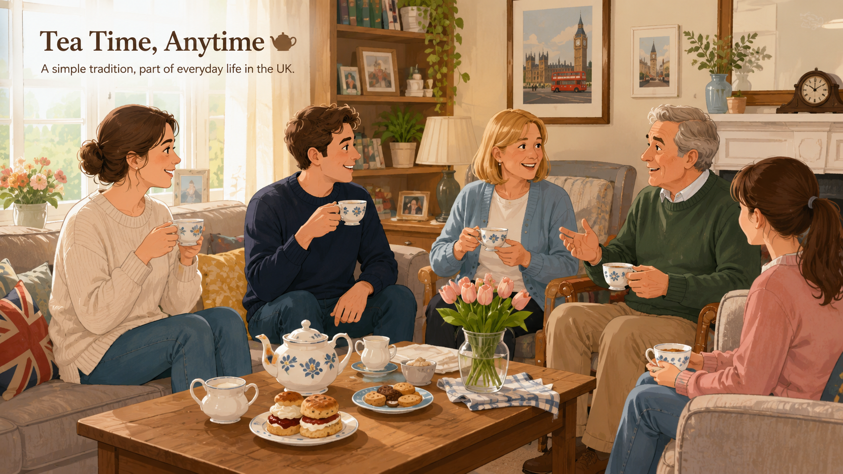 現代のイギリス家庭で紅茶を楽しむ様子
