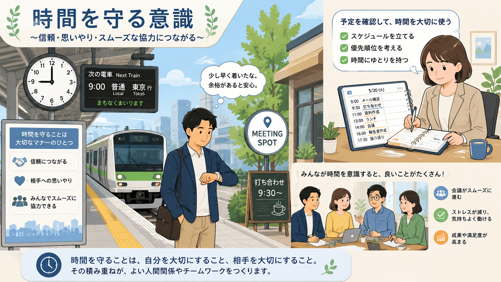 駅の時計や待ち合わせ、仕事の予定確認から日本の時間意識を表したイラスト