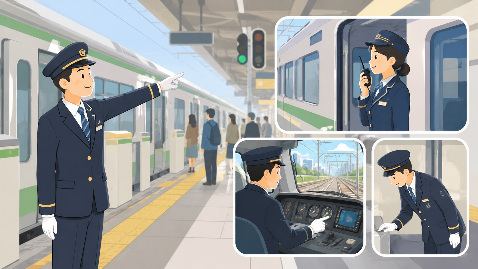 駅員と乗務員が安全確認を行う日本の鉄道のイメージ