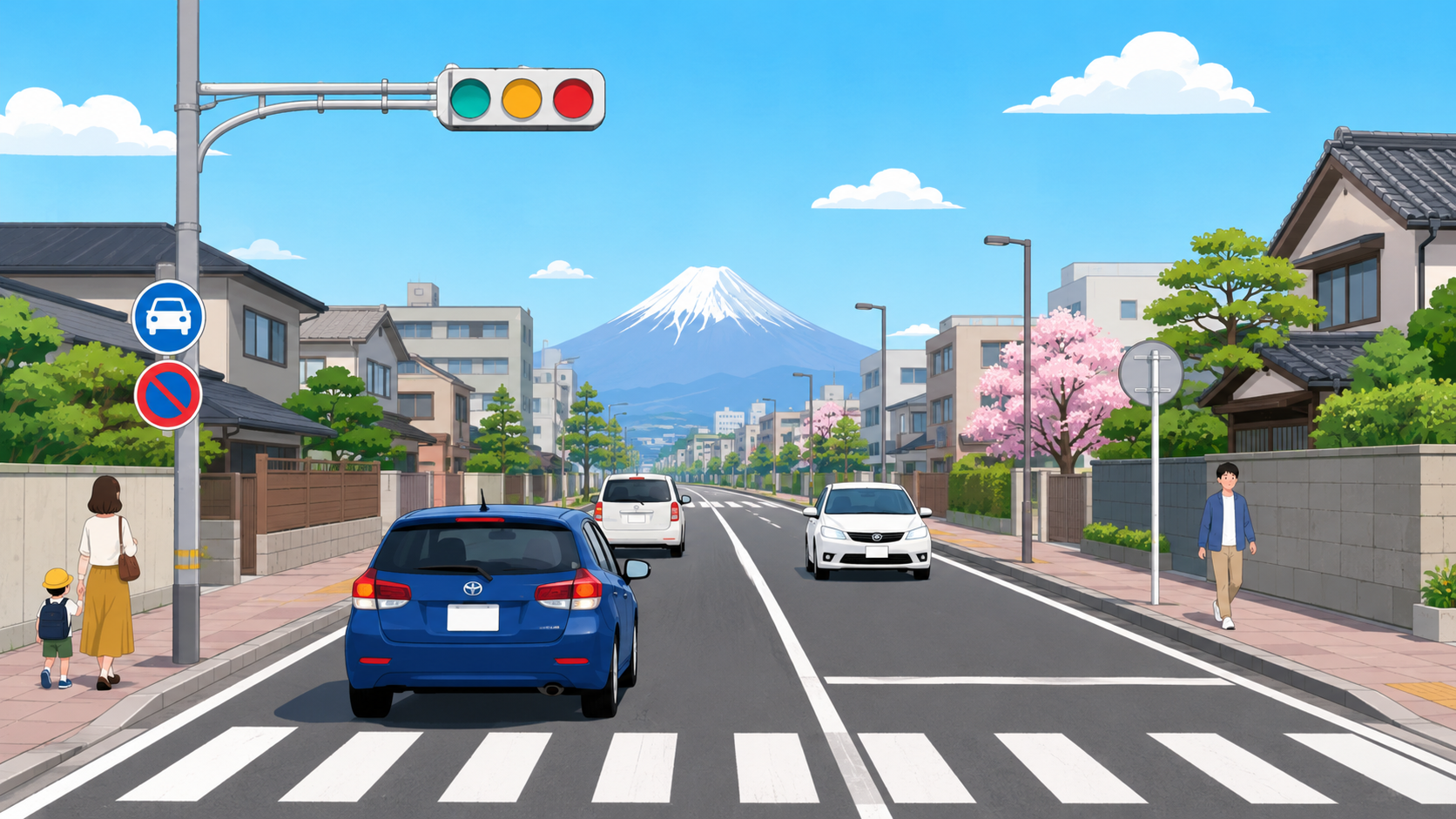 日本の道路を走る車と左側通行のイメージ