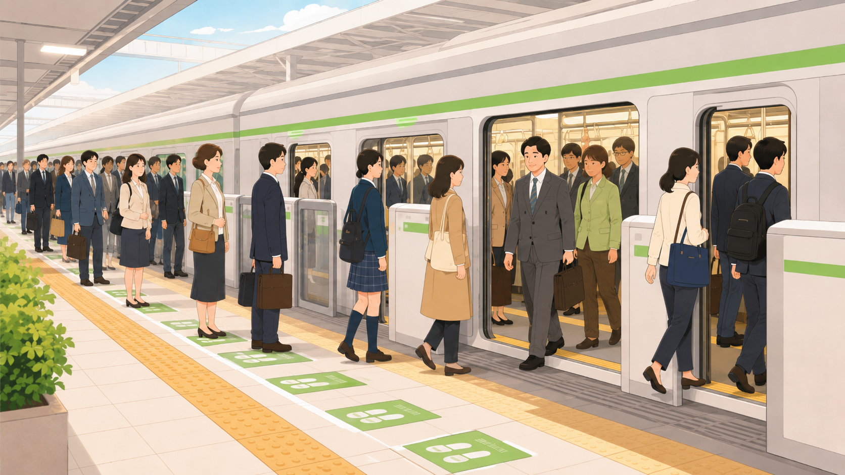 駅のホームで整列乗車する利用者のイメージ