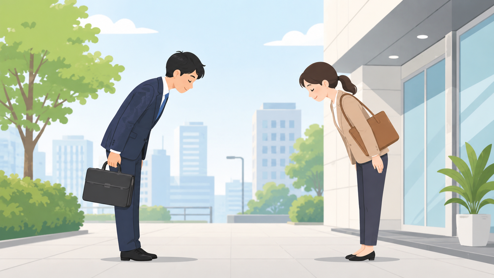 日本人がお辞儀をして挨拶するイメージ