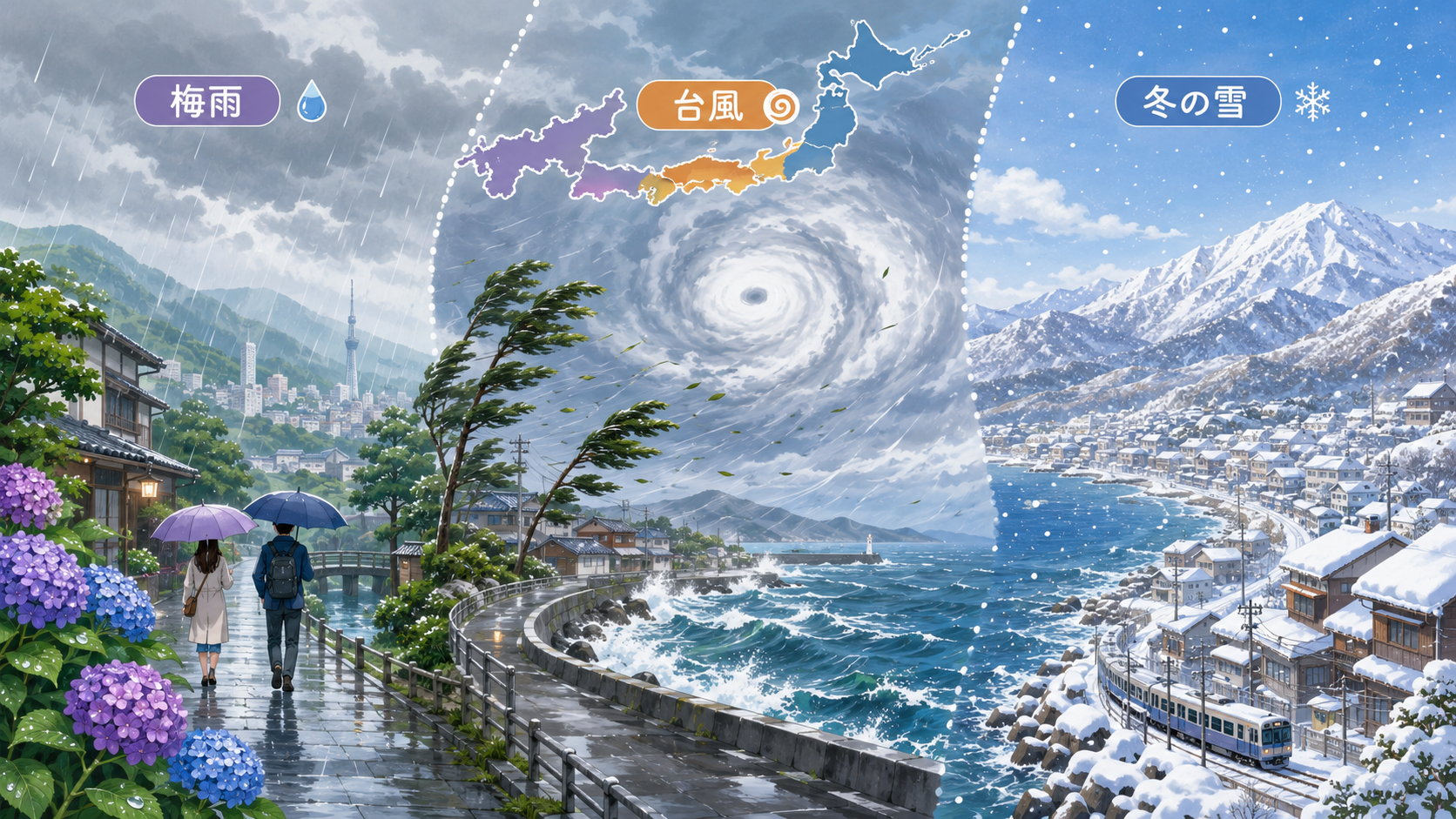 梅雨の雨、台風、日本海側の雪など日本の気候の多様さを表すイラスト