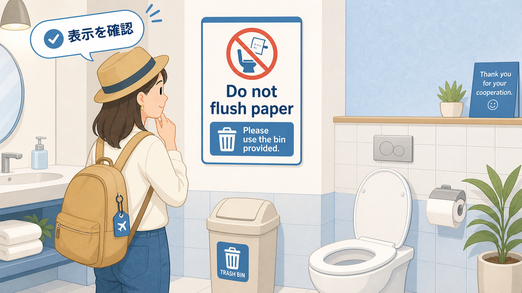 海外旅行中にトイレの表示を確認する旅行者のイメージ画像