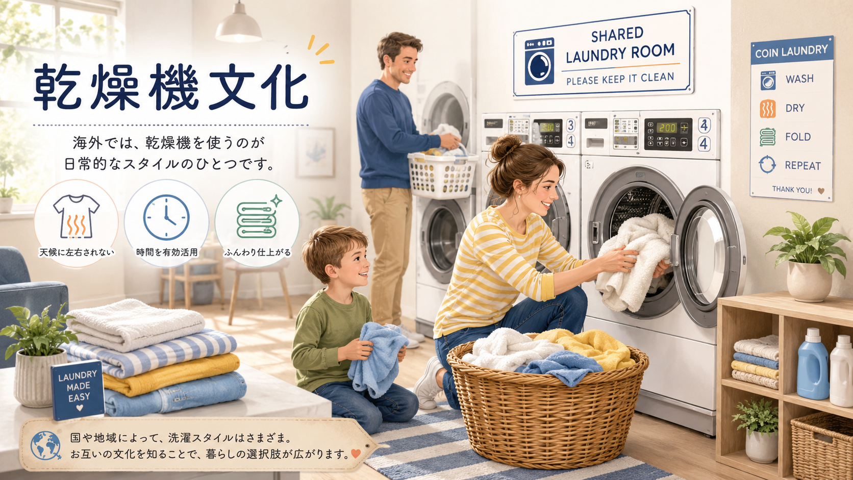 海外の乾燥機文化とコインランドリーを表すイラスト