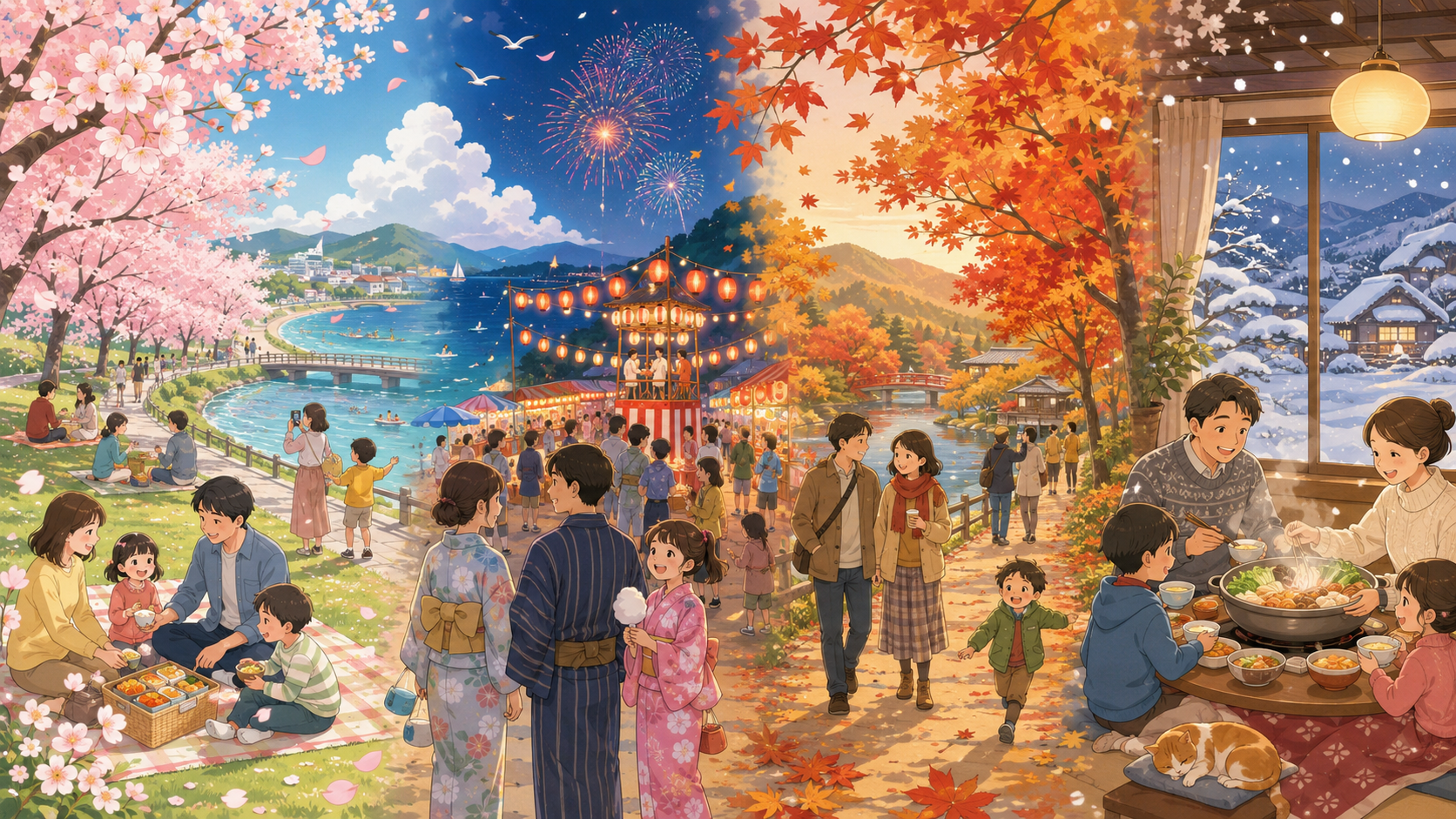 春の花見、夏祭り、秋の紅葉、冬の雪景色と温かい食事を表す日本の暮らしの四季イラスト