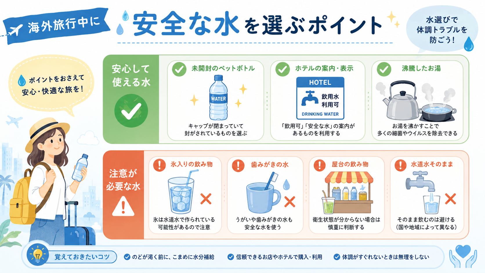 海外旅行中に安全な水を選ぶためのペットボトルや氷や歯磨きの注意点を示すイラスト