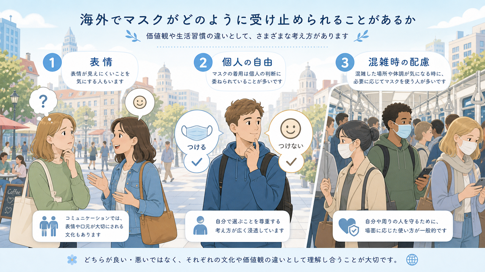 海外でマスクが表情や個人の自由と関係して受け止められる様子
