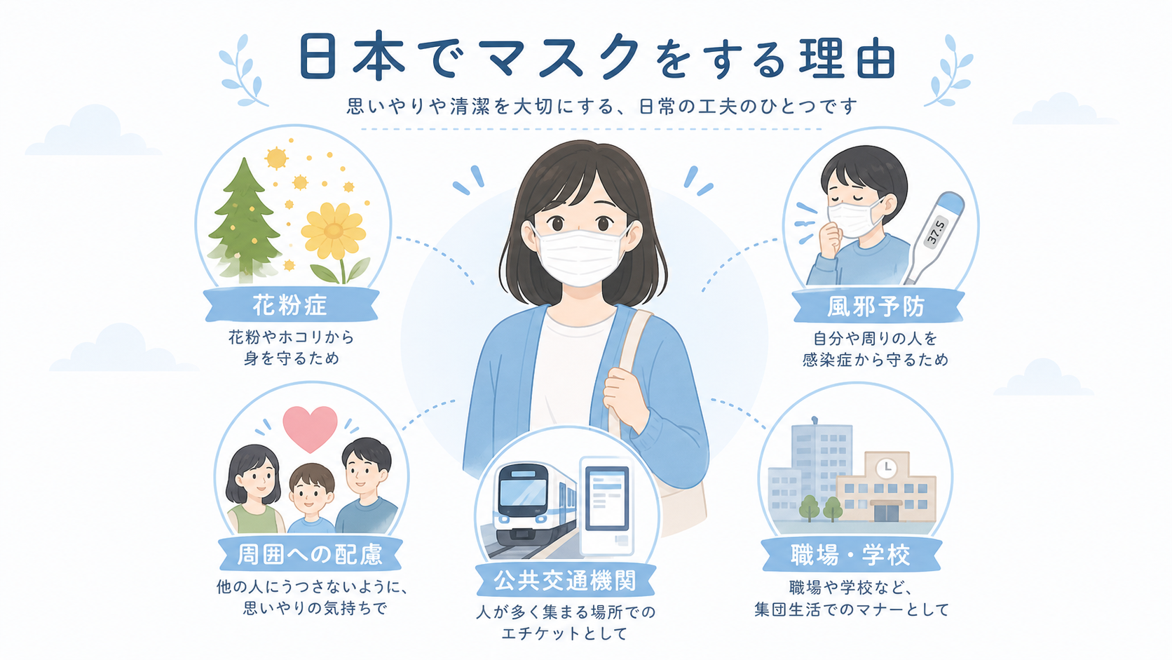 日本でマスクをする理由を花粉症や周囲への配慮で説明する図解