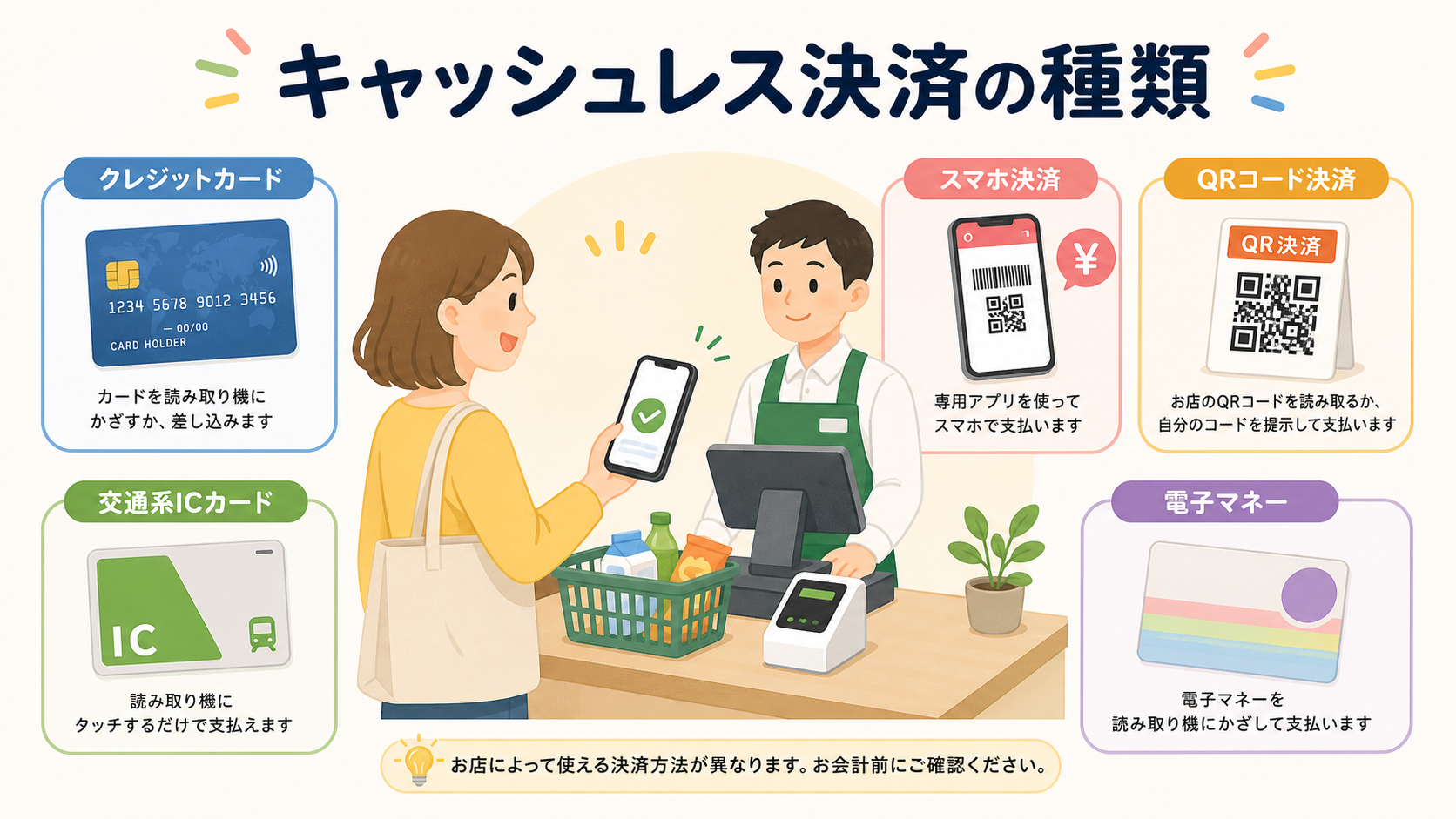 クレジットカードやQRコード決済などキャッシュレス決済の種類を紹介するイラスト