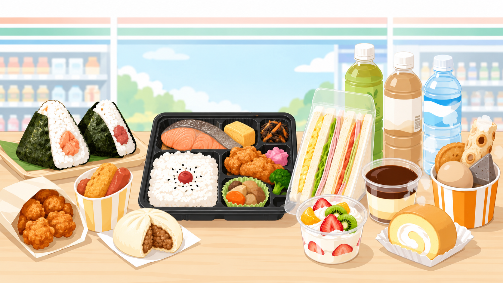 おにぎり・弁当・スイーツが並ぶコンビニ食品のイメージ