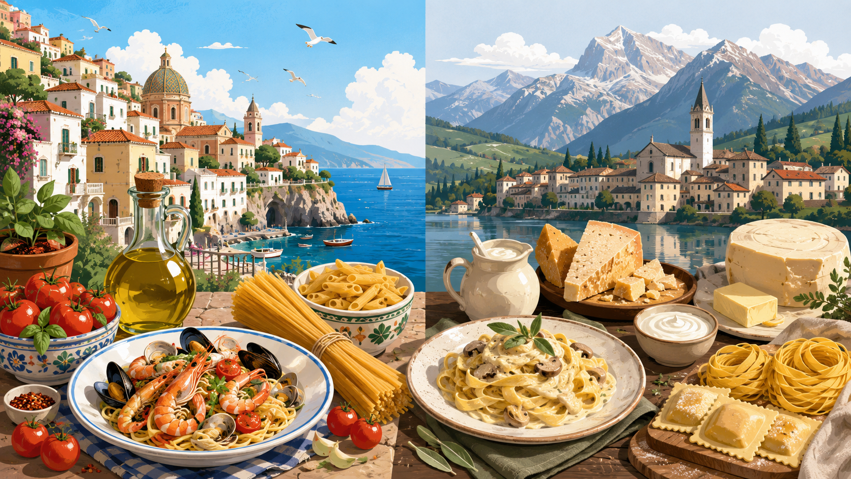 南イタリアと北イタリアのパスタ文化の違いを表すイメージ