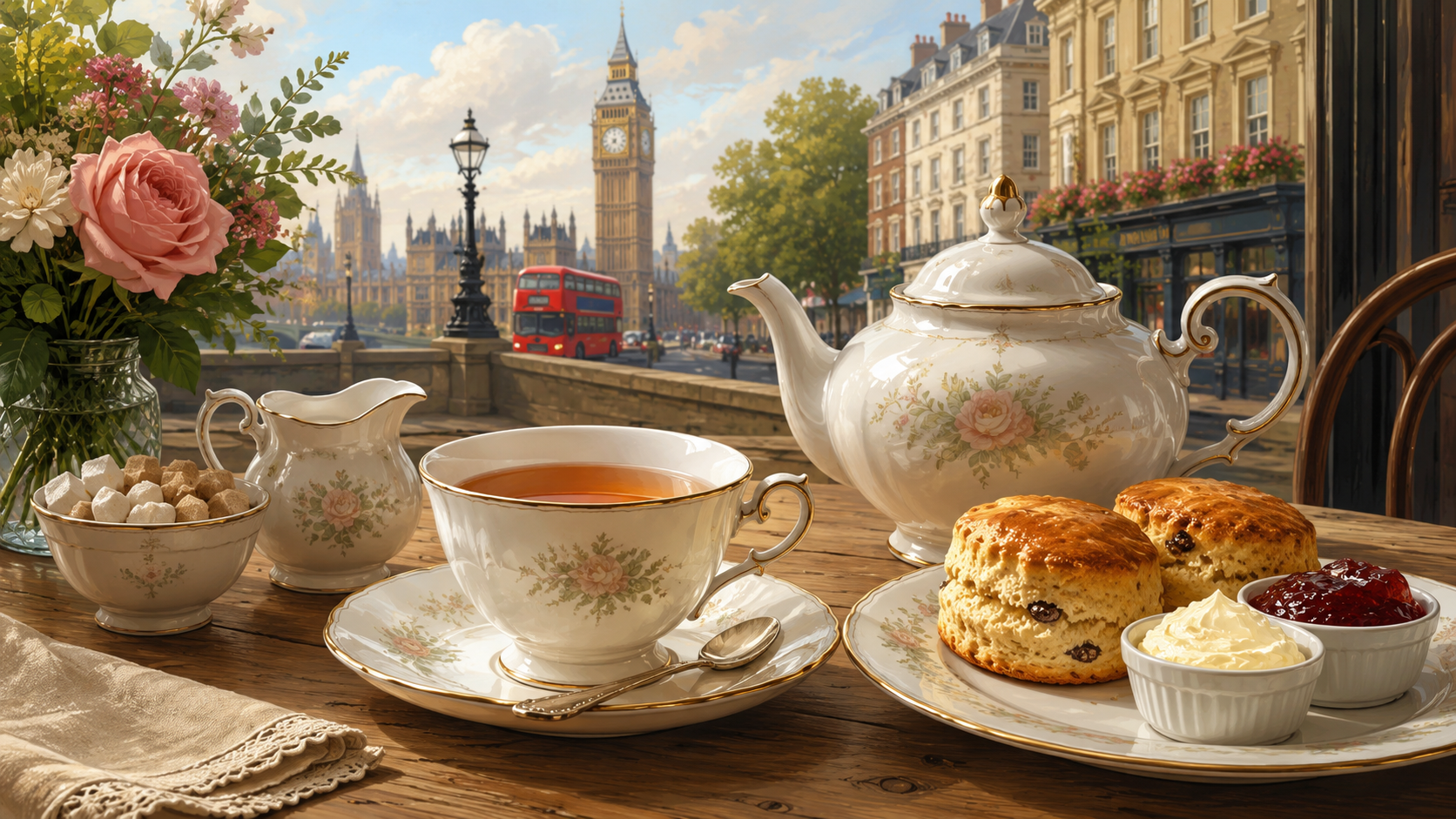 イギリスの紅茶文化を象徴するティーカップとロンドンの街並み