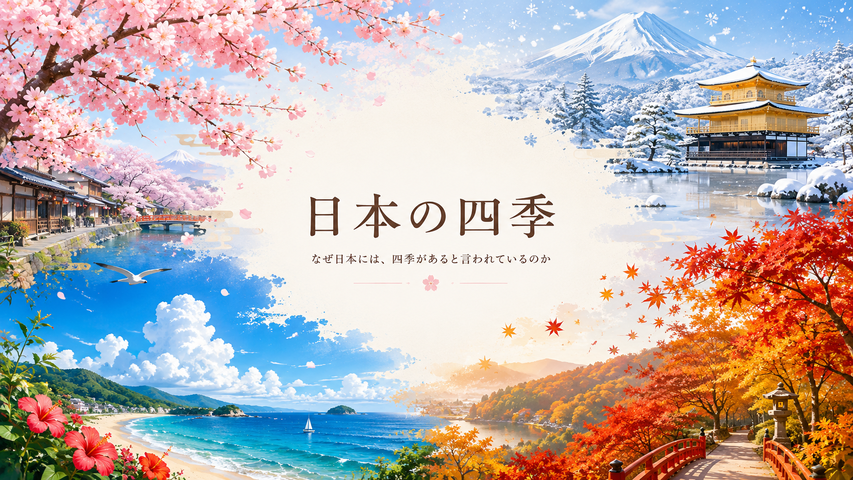 春の桜、夏の海、秋の紅葉、冬の雪景色で表した日本の四季のアイキャッチ画像