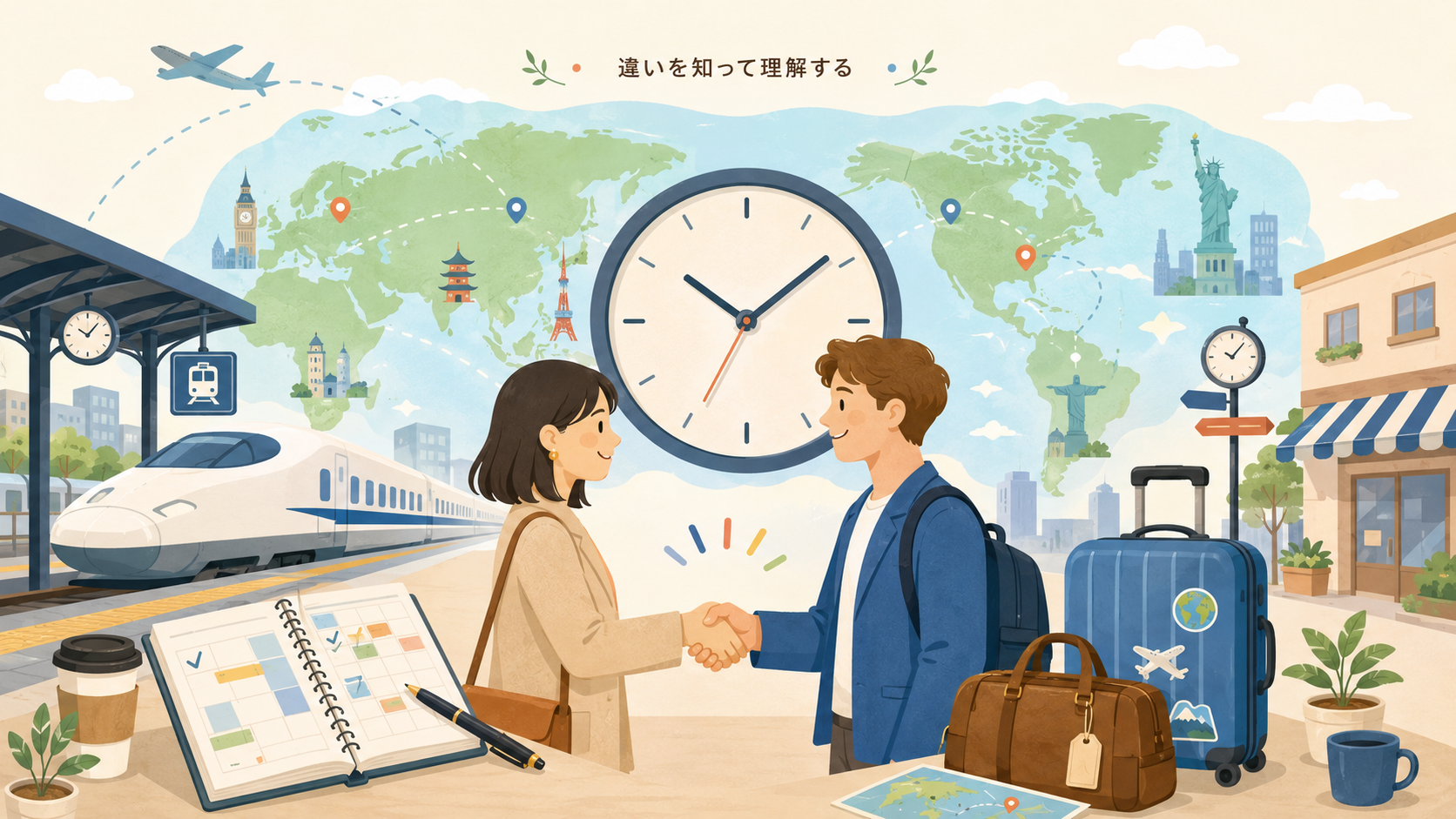 世界地図、時計、駅、仕事用ノート、旅行バッグ、握手する人物を描いた文化理解のイラスト