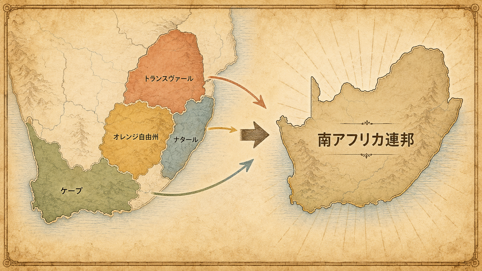 南アフリカ連邦成立時の歴史をイメージした地図風イラスト