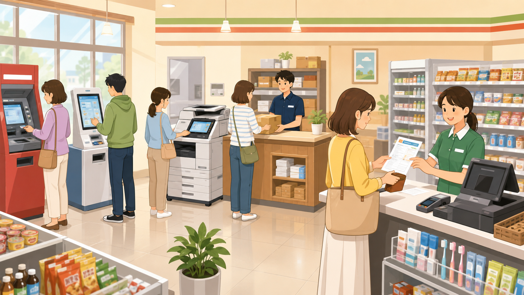 コンビニのATMや宅配便など多機能サービスのイメージ