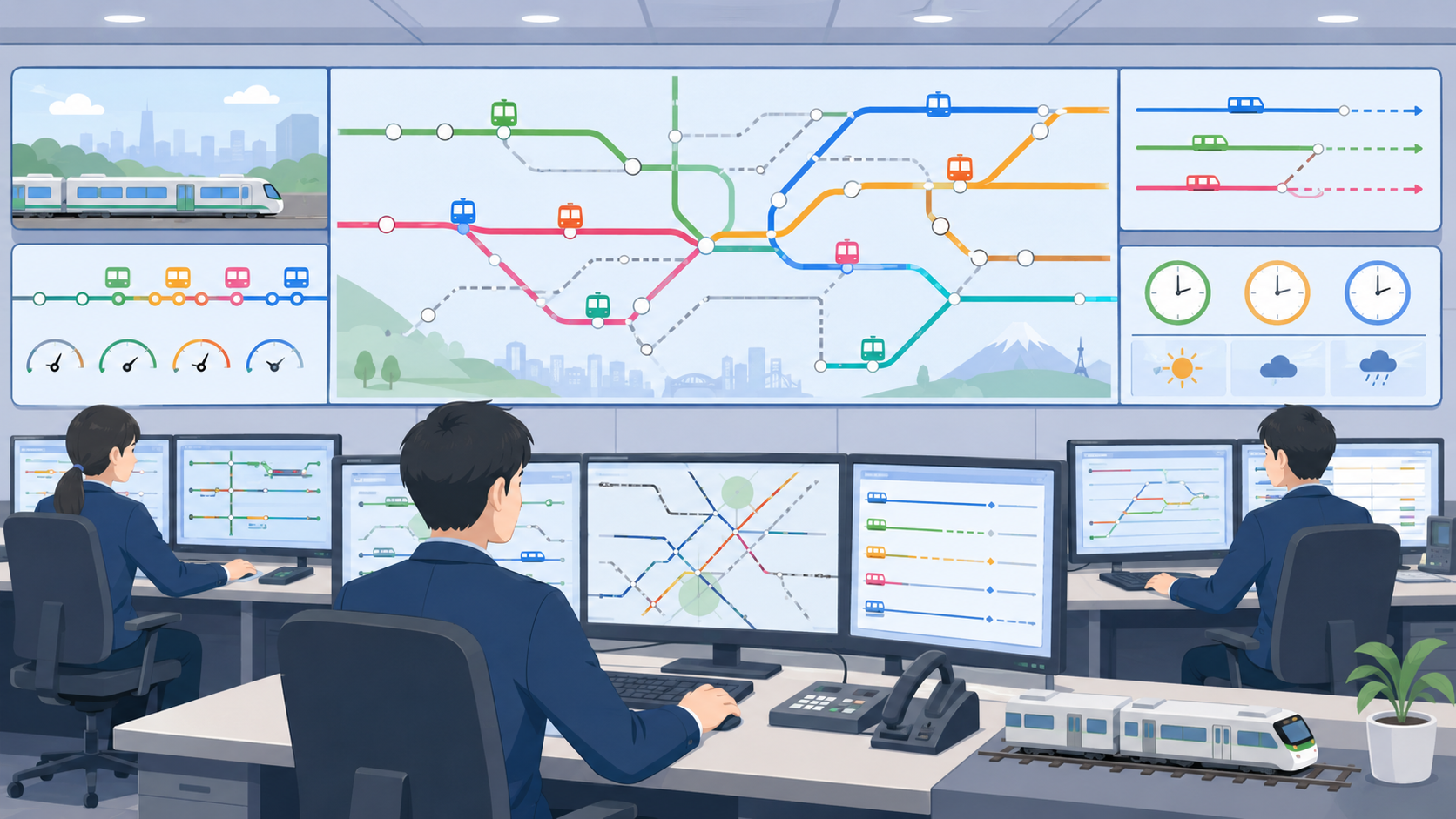 鉄道の運行管理システムと指令所のイメージ