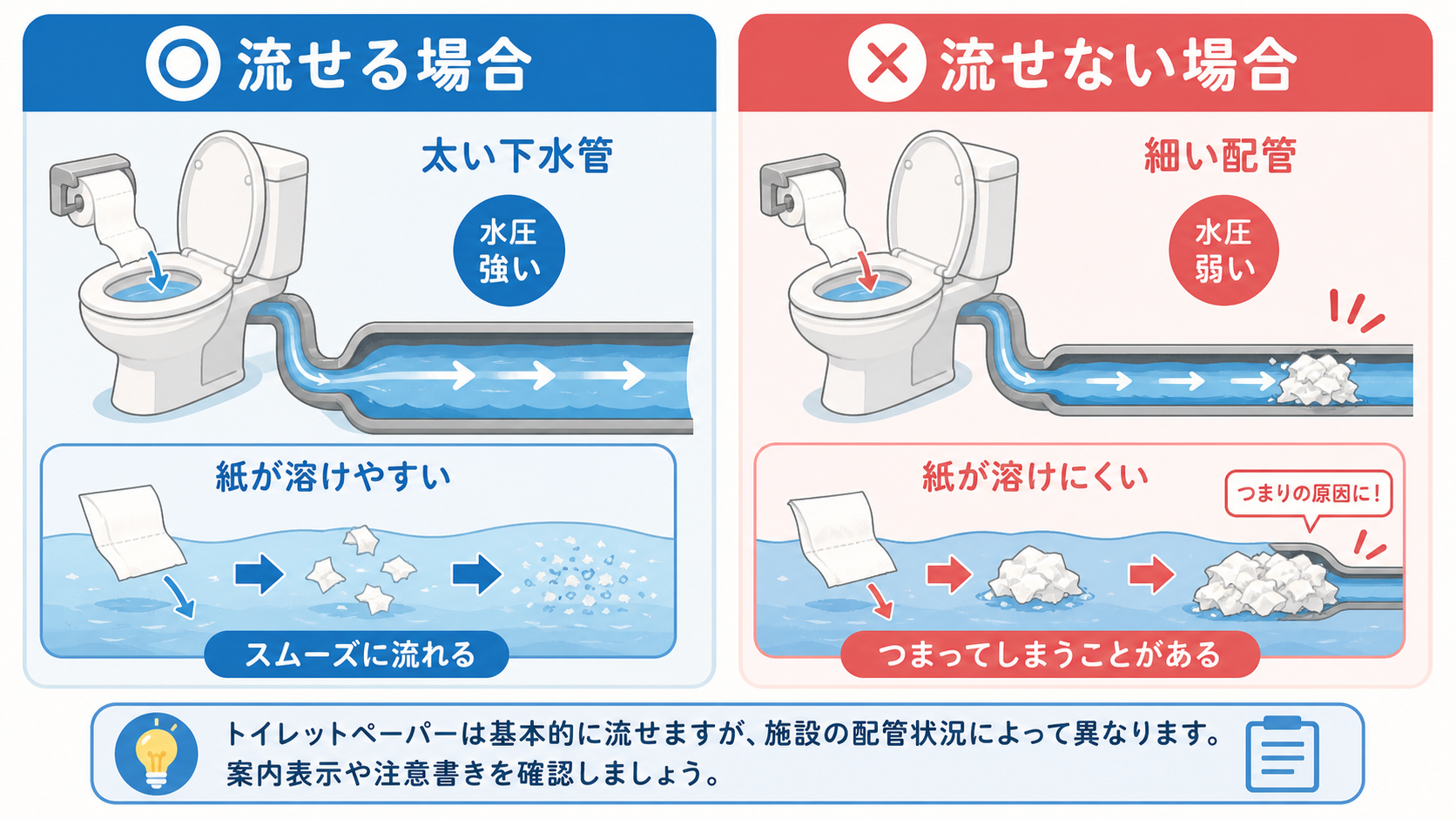 下水管の太さや水圧の違いを説明する図解画像