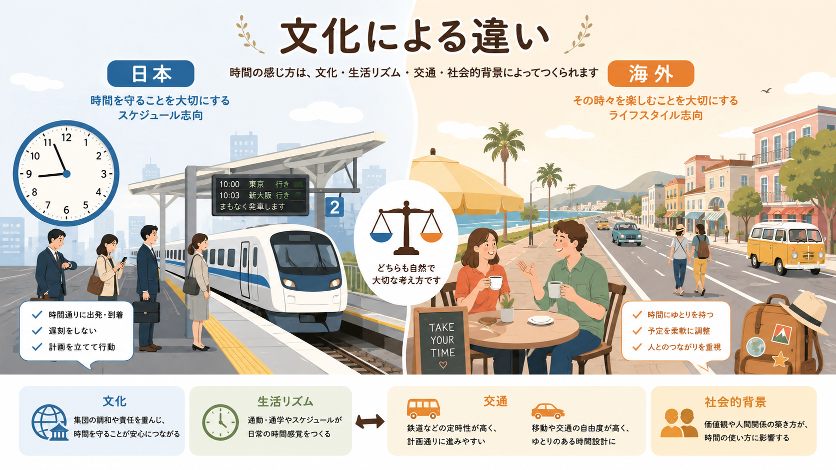 日本の電車と海外のカフェや道路を通して時間感覚の違いを比較したイラスト