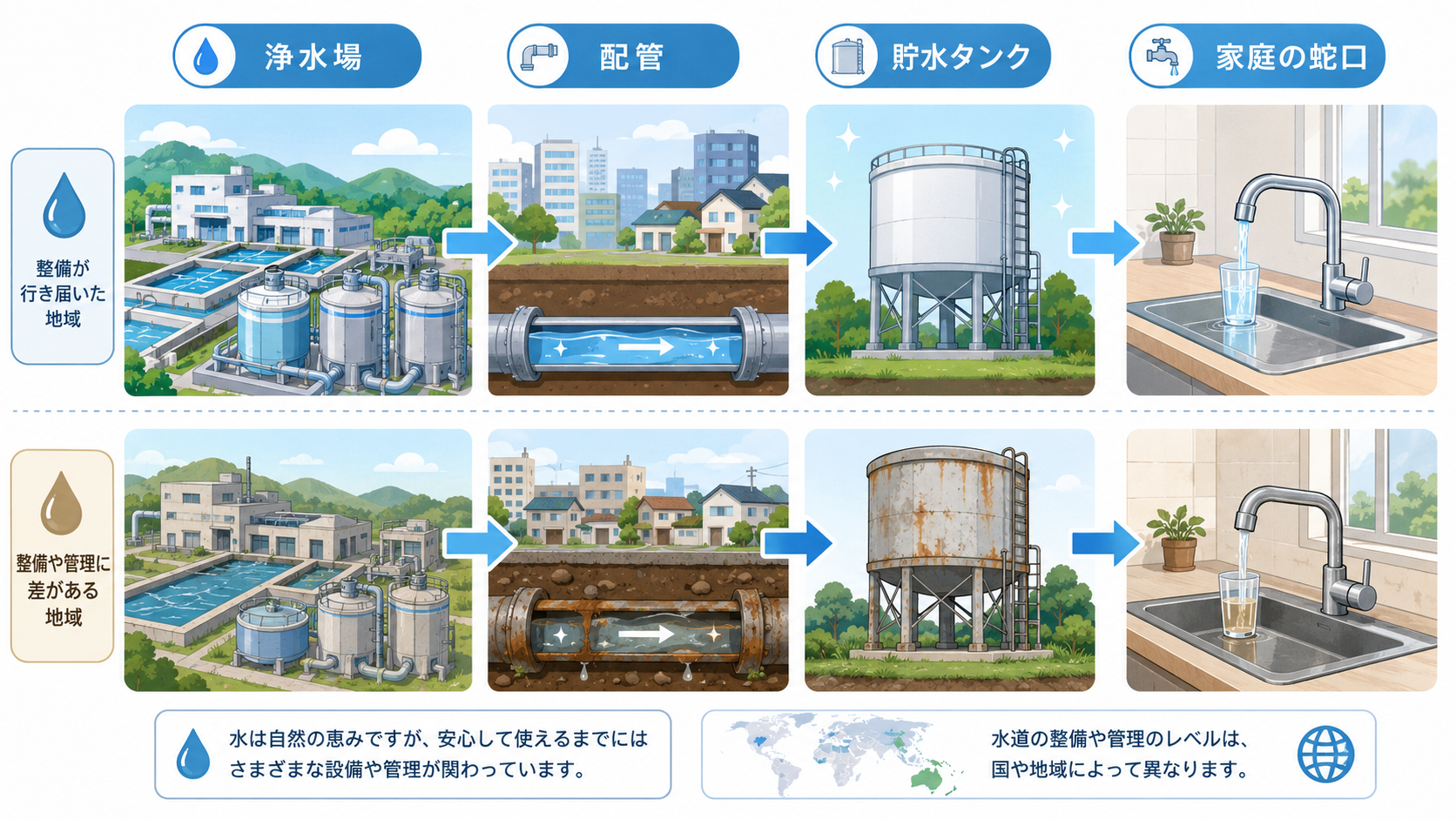 海外の水道インフラと配管管理の違いを説明する図解イメージ