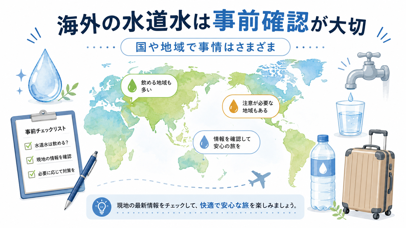 海外の水道水は地域ごとに確認することが大切だと示す旅行チェックリストのイメージ