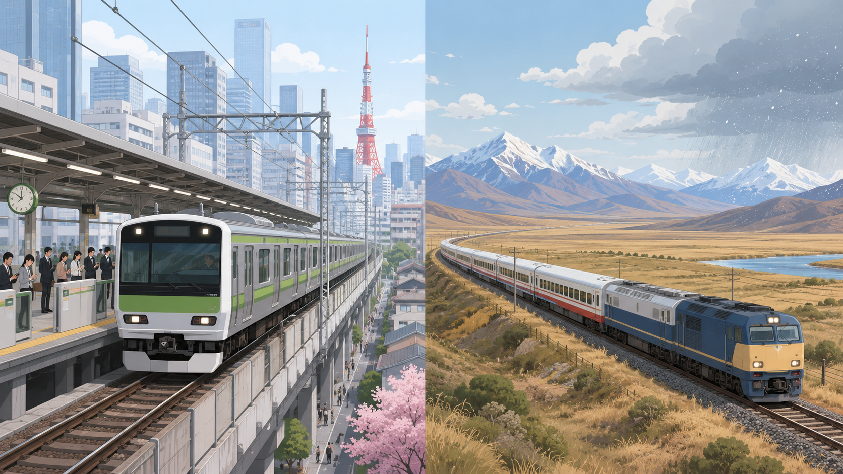 日本の都市部を走る通勤電車と海外の長距離列車を比較するイメージ